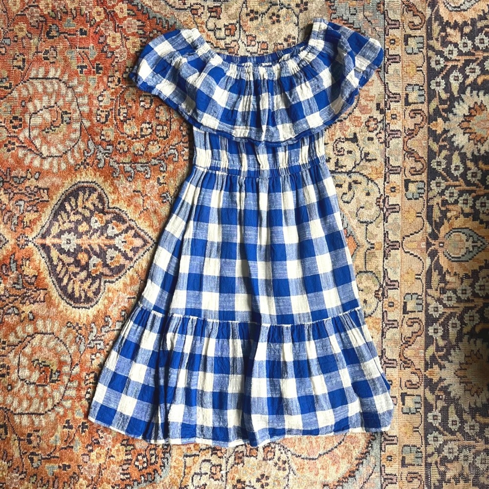FRNCH Blue White Gingham Check Smocked Tiered Cotton Dress S/M Cottagecore